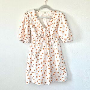SIM & SAM V-Neck Puff Sleeve Mini Dress Polka Dot White Orange Cotton L